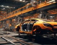 A car on an assembly line is being worked on by robots, assembly line car production, assembly line car manufacturing