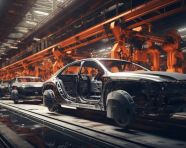 Robotic car manufacturing process, assembly line car production, assembly line car manufacturing