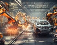 Robots in the factory production of car, assembly line car production, assembly line car manufacturing