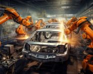 Factory robots assembling cars, assembly line car production, assembly line car manufacturing