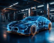 3d car made of a blue car wire mesh, assembly line car production, assembly line car manufacturing