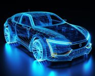 3d blue wire mesh car, assembly line car production, assembly line car manufacturing