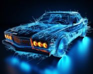 Blue car wire mesh sculpture, assembly line car production, assembly line car manufacturing