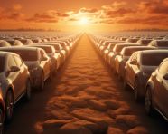 Fleet of cars waiting to be shipped, assembly line car production, assembly line car manufacturing