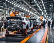 A photo of a assembly line with cars in various stages of production, assembly line car production, assembly line car manufacturing