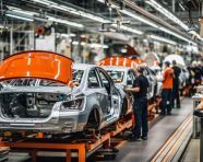 Cars in different stages of production, assembly line car production, assembly line car manufacturing