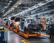 Car manufacturing in progress, assembly line car production, assembly line car manufacturing