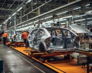 Cars in motion on an assembly line, assembly line car production, assembly line car manufacturing