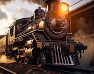 A shot of a steam locomotive with the steam billowing out of the smokestack, industrial machinery stock images ai, midjourney prompt ideas