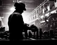 A shot of a factory worker silhouetted against a wall of machinery, industrial machinery stock images ai, midjourney prompt ideas