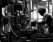 Factory worker silhouetted against machinery, industrial machinery stock images ai, midjourney prompt ideas