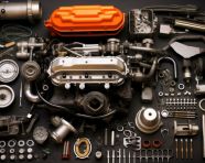 A shot of a car engine with all the parts laid out in a grid, industrial machinery stock images ai, midjourney prompt ideas