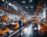 A wide shot of a factory floor the machines are in motion, industrial machinery stock images ai, midjourney prompt ideas