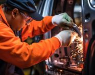 A close-up of a workers hands assembling a car door, industrial machinery stock images ai, midjourney prompt ideas