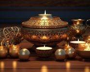 Oriental candles and a gold bowl on a wooden surface, diwali festival stock image, diwali festival ai prompt