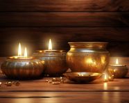 Oriental decor with candles and gold bowl, diwali festival stock image, diwali festival ai prompt