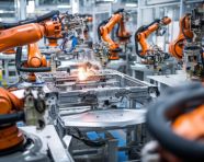 Assembly line robots assembling cars, industrial machinery stock images ai, midjourney prompt ideas
