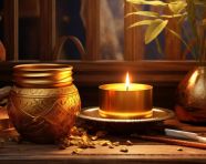 Beautiful gold candle and candle in gold pot on a wooden table, diwali festival stock image, diwali festival ai prompt