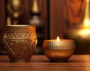 Golden candle in pot on wooden table, diwali festival stock image, diwali festival ai prompt