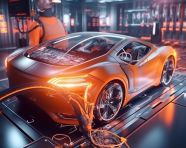 The robot arm carefully inserts the battery pack into the electric car, industrial machinery stock images ai, midjourney prompt ideas