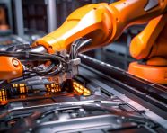 Robot arm inserts battery pack into electric car, industrial machinery stock images ai, midjourney prompt ideas