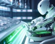 Robotic arm installs battery pack in electric vehicle, industrial machinery stock images ai, midjourney prompt ideas