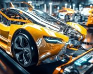 Automated battery pack installation in electric car, industrial machinery stock images ai, midjourney prompt ideas