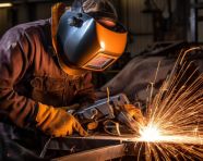 The image should convey the power and precision of the robot arm the welding should be bright and sharp and the metal should be shiny, industrial machinery stock images ai, midjourney prompt ideas