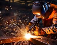 Powerful robot arm welds metal, industrial machinery stock images ai, midjourney prompt ideas