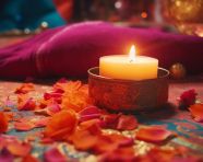 A lit candle on the ground with colorful decor, diwali festival stock image, diwali festival ai prompt