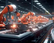 The image should convey the scale and efficiency of the production line the robot arms should be working in unison and the production line should be humming with activity, industrial machinery stock images ai, midjourney prompt ideas