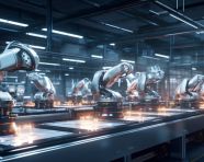 Robotic arms work in unison on production line, industrial machinery stock images ai, midjourney prompt ideas