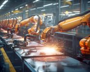 Robotic arms convey the efficiency of modern production, industrial machinery stock images ai, midjourney prompt ideas