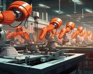 Robotic arms working in sync on industrial production line, industrial machinery stock images ai, midjourney prompt ideas