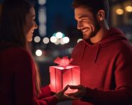 A man and a woman holding a gift box outdoors at night, diwali festival stock image, diwali festival ai prompt
