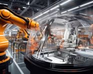 The image should convey the feeling of being inside a robot arm the robot arm should be massive and imposing and the production line should be a blur of activity, industrial machinery stock images ai, midjourney prompt ideas