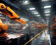 Robot arm blurs production line, industrial machinery stock images ai, midjourney prompt ideas