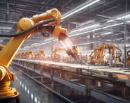 Robot arm takes control of production line, industrial machinery stock images ai, midjourney prompt ideas