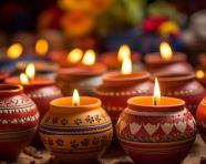 Candles lit in clay pots with images, diwali festival stock image, diwali festival ai prompt