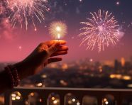 Indian woman lighting diwali lamp with fireworks in her hand, diwali festival stock image, diwali festival ai prompt