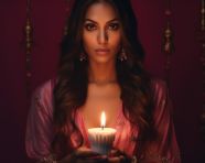 A beautiful picture of an indian woman holding a candle, diwali festival stock image, diwali festival ai prompt