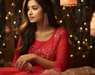 A young woman wearing a traditional red top, diwali festival stock image, diwali festival ai prompt