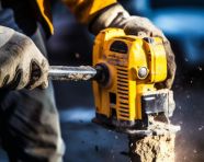 A close-up of a jackhammer its teeth biting into concrete the jackhammer, industrial machinery stock images ai, midjourney prompt ideas