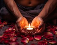 A hand holding a two lit candles while laying on top of petals, diwali festival stock image, diwali festival ai prompt