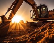 A low-angle shot of a excavator digging a trench the excavator is in the foreground, industrial machinery stock images ai, midjourney prompt ideas