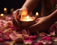 Hand placing a candle on petals, diwali festival stock image, diwali festival ai prompt