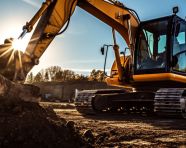 Excavator digging trench, industrial machinery stock images ai, midjourney prompt ideas