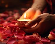Love and light hand placing candle on petals, diwali festival stock image, diwali festival ai prompt