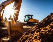 Excavator in the foreground digging trench, industrial machinery stock images ai, midjourney prompt ideas