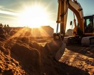 Low-angle shot of excavator digging trench, industrial machinery stock images ai, midjourney prompt ideas